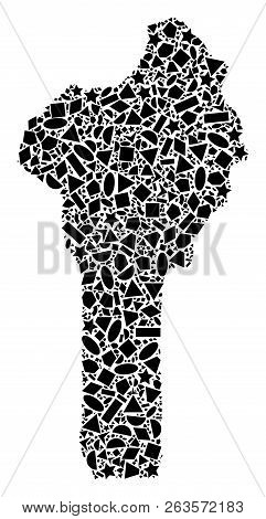 Mosaic Map Of Benin Composed With Black Flat Geometric Figures, Such As Triangles, Stars, Rectangles