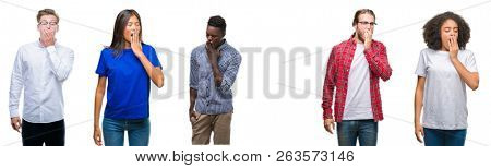 Collage of group of young asian, caucasian, african american people over isolated background bored yawning tired covering mouth with hand. Restless and sleepiness.