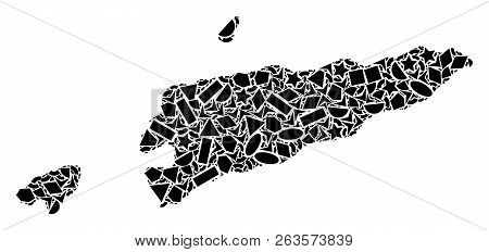 Mosaic Map Of East Timor Composed With Black Flat Geometric Primitives, Such As Triangles, Stars, Re