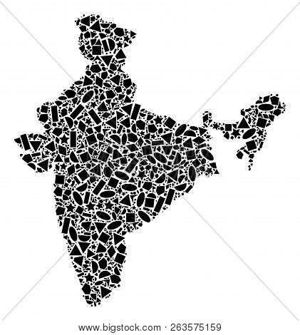 Mosaic Map Of India Designed With Black Flat Geometric Primitives, Such As Triangles, Stars, Rectang