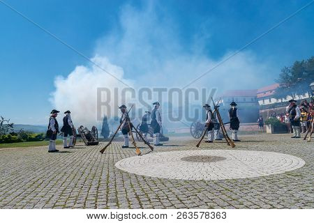 Alba Iulia, Romania - 11 August 2018: Cannon Fire At The Changing Of The Guard Ceremony In The Citad