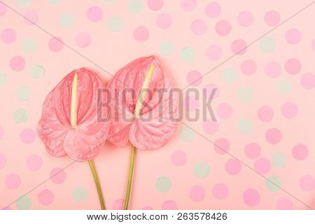 Two Laceleafs On Blue Background. Decorated With Multicolor Confetti. Flat-lay, Top View. Copy Space
