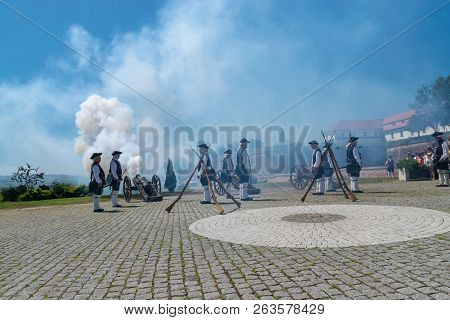 Alba Iulia, Romania - 11 August 2018: Cannon Fire At The Changing Of The Guard Ceremony In The Citad