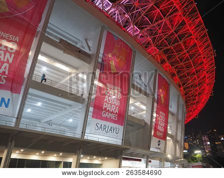 Jakarta, Indonesia - October 12, 2018: Colorful Lights Illuminate The Facade Of Gelora Bung Karno (g