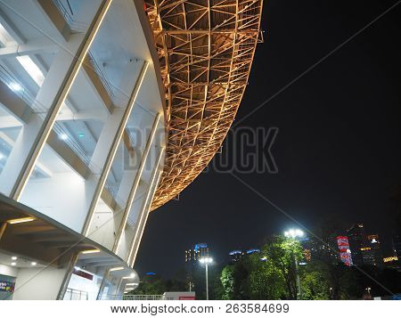 Jakarta, Indonesia - October 12, 2018: Colorful Lights Illuminate The Facade Of Gelora Bung Karno (g