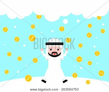 Happy Cute Arab Saudi Businessman Under Falling Money From Cloud In Snowfield, Business Situation We