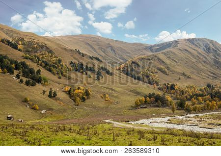 Autumn Landscape In The Mountains Of The Caucasus. Russia, Karachay-cherkess Republic, Near The Sett
