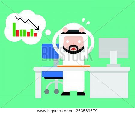 Exhausted Arab Businessman Stress And Paranoid At Office Because Bad Turnover, Flat Design Vector Il