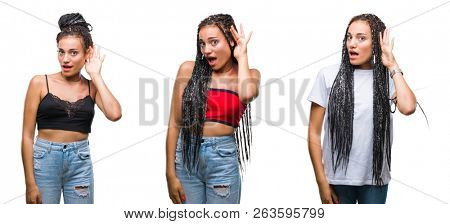 Collage of beautiful braided hair african american woman with birth mark over isolated background smiling with hand over ear listening an hearing to rumor or gossip. Deafness concept.