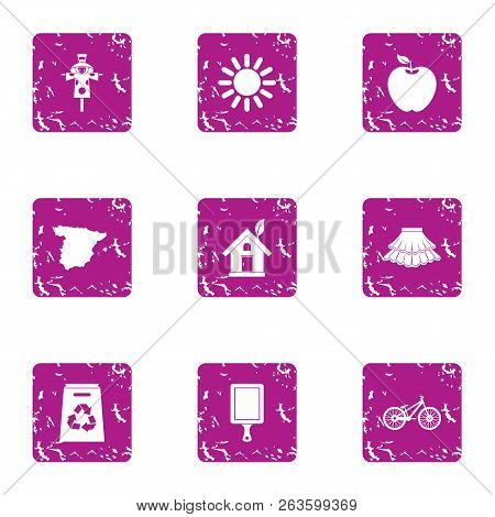 Eco Part Icons Set. Grunge Set Of 9 Eco Part Icons For Web Isolated On White Background
