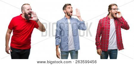 Collage of group of young men over isolated background shouting and screaming loud to side with hand on mouth. Communication concept.