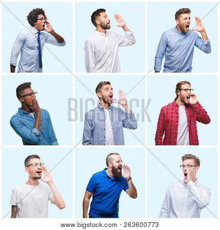 Collage of group of business and casual men over isolated background shouting and screaming loud to side with hand on mouth. Communication concept.