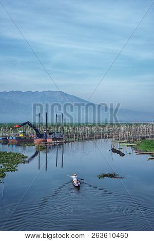 October, 6 2018. Ambarawa, Indonesia. Fishermen On Rawa Pening Lake, Central Java, Indonesia