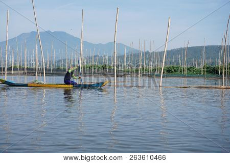 October, 6 2018. Ambarawa, Indonesia. Fishermen On Rawa Pening Lake, Central Java, Indonesia