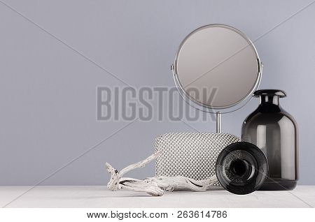 Minimalist Interior Bathroom In Monochrome Grey Color - Black Glass Vase, Mirror, Circle, Old Snag, 