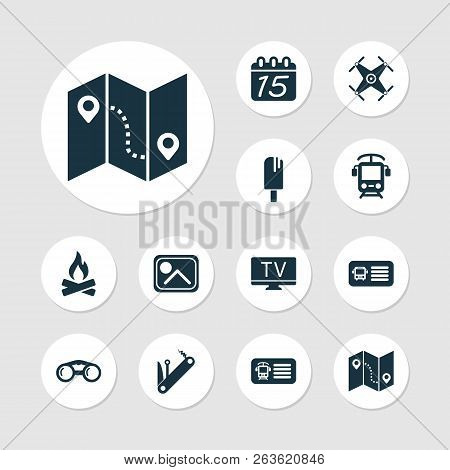Journey Icons Set With Bus Ticket, Calendar, Photo And Other Guide Elements. Isolated Vector Illustr