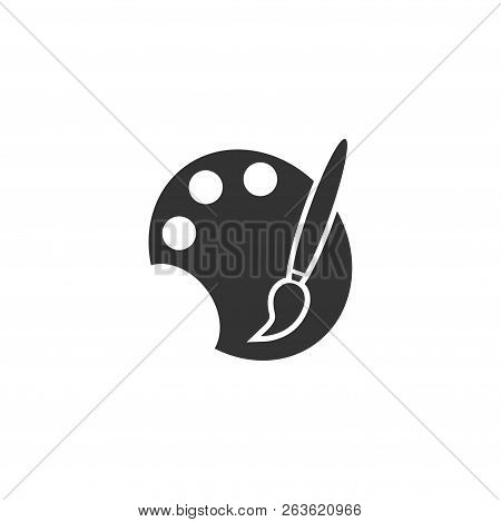 Paint Brush With Palette. Black Icon Flat On White Background
