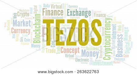 Tezos Cryptocurrency Coin Word Cloud. Word Cloud Made With Text Only.