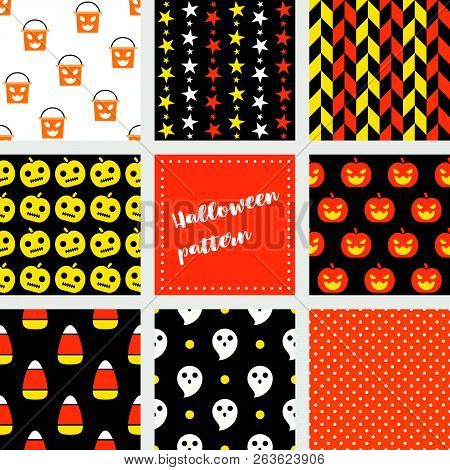 Set Of Halloween Seamless Pattern, Flat Design Vector