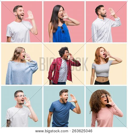 Collage of group of young people woman and men over colorful isolated background shouting and screaming loud to side with hand on mouth. Communication concept.