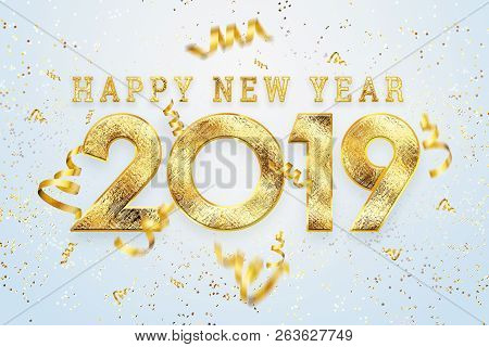 Creative Background, 2019 Happy New Year. Gold Numbers Design Of Greeting Card Of. Gold Shining Patt
