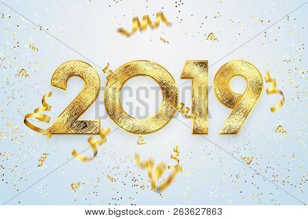 Creative Background, 2019 Happy New Year. Gold Numbers Design Of Greeting Card Of. Gold Shining Patt