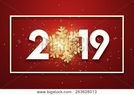 Creative Background, Numbers 2019 And Festive Confetti, Spiral Ribbons On A Red Background. Happy Ne