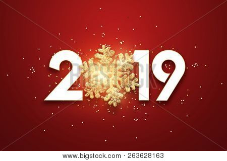 Creative Background, Numbers 2019 And Festive Confetti, Spiral Ribbons On A Red Background. Happy Ne