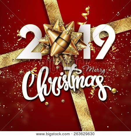 Realistic 2019 Numbers, Golden Bow And Festive Confetti, Stars And Spiral Ribbons On Red Background.