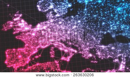Glowing City And Human Population Density Areas With Linear Connections Between Them. View Of Europa