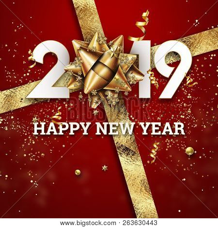 Realistic 2019 Numbers, Golden Bow And Festive Confetti, Stars And Spiral Ribbons On Red Background.