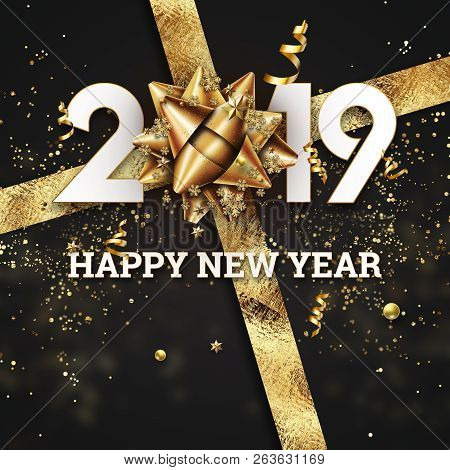 Creative Background, 2019 Happy New Year. Gold Numbers Design Of Greeting Card Of. Gold Shining Patt