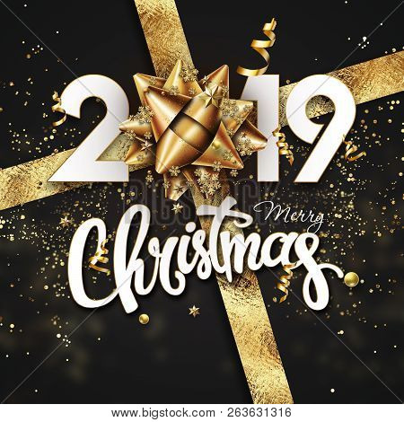 Creative Background, 2019 Happy New Year. Gold Numbers Design Of Greeting Card Of. Gold Shining Patt