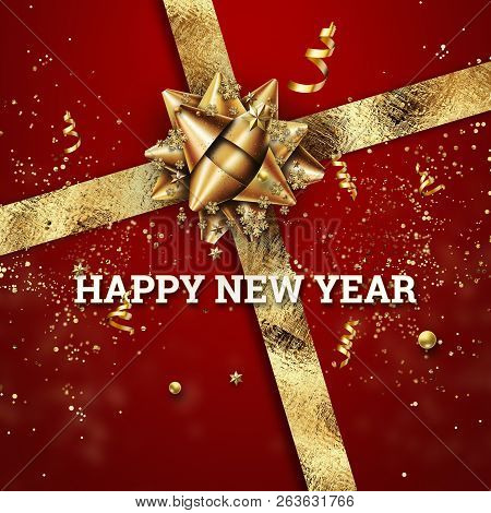 2019, Festive Confetti, Stars And Spiral Ribbons On Red Background. Happy New 2019 Year. New Year Or
