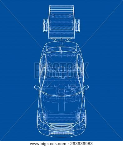 Sedan With Open Trailer Sketch. Vector Rendering Of 3d. Wire-frame Style. The Layers Of Visible And 