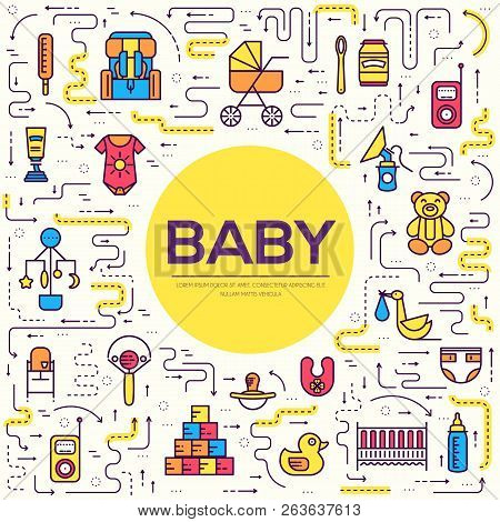 World Thin Line Breastfeeding Week And Kids Elements Flat Icon Set Concept. Child Outline Illustrati