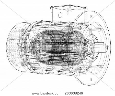 Electric Motor Sketch. Vector Rendering Of 3d. Wire-frame Style. The Layers Of Visible And Invisible