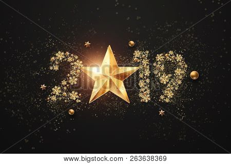 Creative Background, 2019 Happy New Year. Gold Numbers Design Of Greeting Card Of. Gold Shining Patt