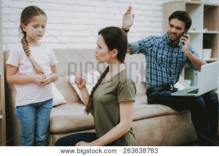 Family Problems. Scared Child. Angry Father. Frightened Mother. Woman Screams Child. Complicated Rel