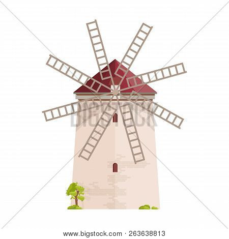 Old European Windmill Isolated On White Background. Smock, Tower Or Post Mill. Farm Building Or Cons
