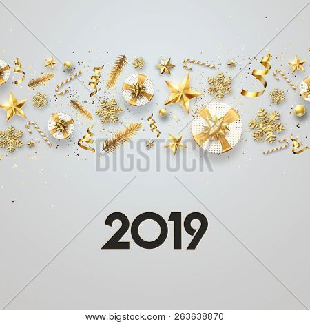 Creative Background, Christmas Decorative Border Made Of Festive Elements On A Light Background. Hap