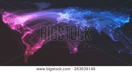 Glowing City And Human Population Density Areas With Bouncy Line Connections. View Of Entire World. 