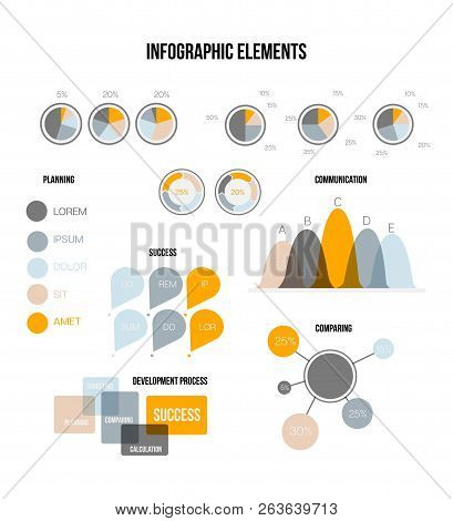 Business Plan Visualisation Inforgaphic Elements Vector Set. Gray, Brown, Orange Pie Chart, Circle D