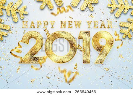 Creative Background, 2019 Happy New Year. Gold Numbers Design Of Greeting Card Of. Gold Shining Patt