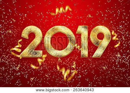 Creative Background, Numbers 2019 And Festive Confetti, Spiral Ribbons On A Red Background. Happy Ne