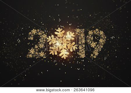 Creative Background, 2019 Happy New Year. Gold Numbers Design Of Greeting Card Of. Gold Shining Patt
