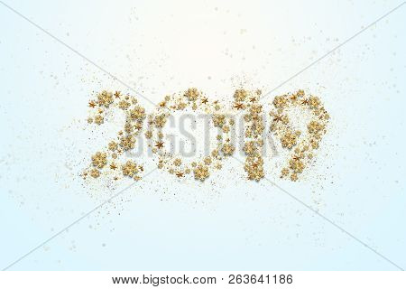 Creative Background, 2019 Happy New Year. Gold Numbers Design Of Greeting Card Of. Gold Shining Patt