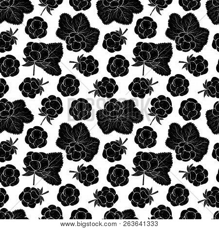 Cloudberry. Berries, Leaves. Black Silhouette. On A White Background. Seamless, Wallpaper.