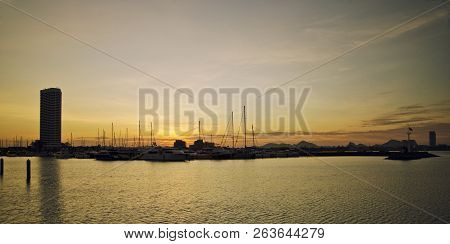 Beautiful Sunset With Yachts Over The Bay