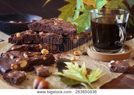 Autumn Coffee Pause. Kladdkaka, Swedish Chocolate Cake And Cup Of Coffee